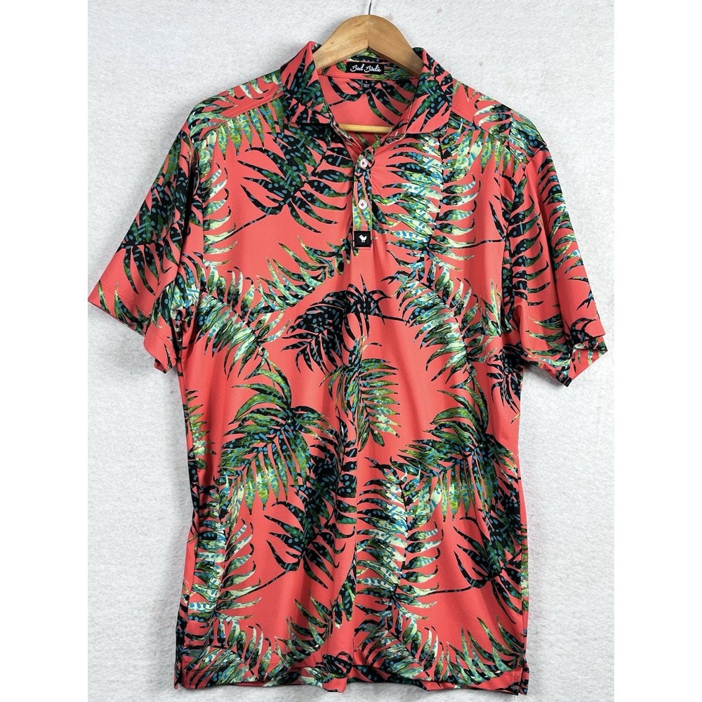 Bad Birdie Men's Size L Golf Polo Shirt Tulum Orange Hawaiian Floral Palms